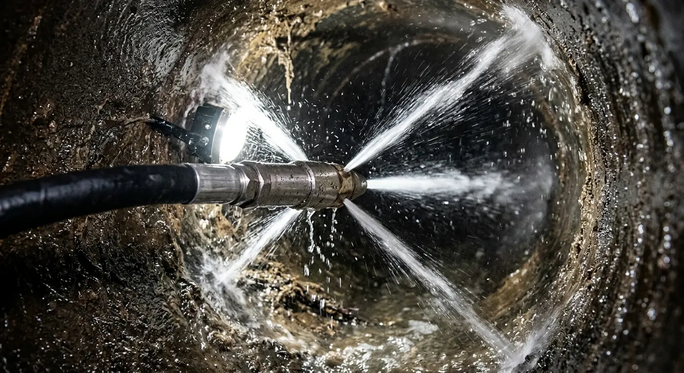 High-pressure hydro jetting nozzle cleaning sewer pipe for Sewer Cleanout in Nolanville