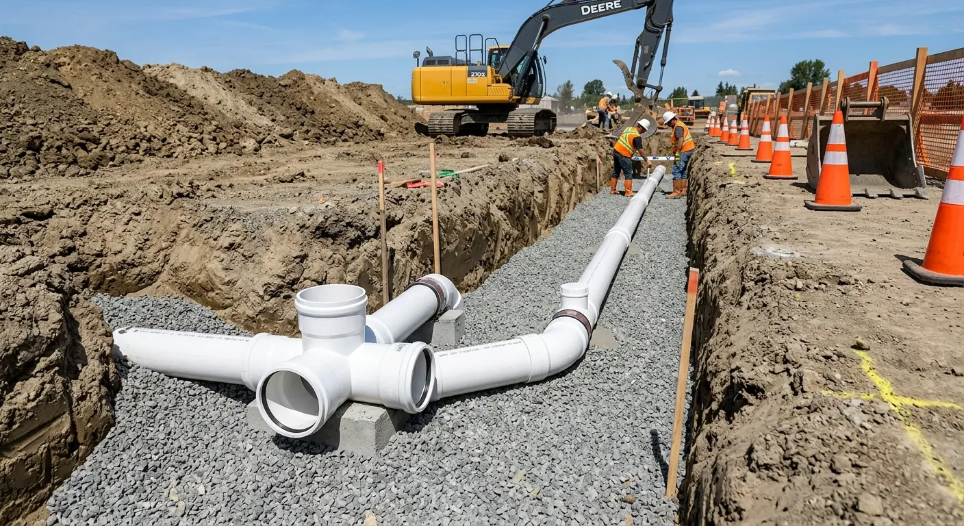 New PVC sewer pipe installation in open trench for Grease Trap Cleaning in Nolanville