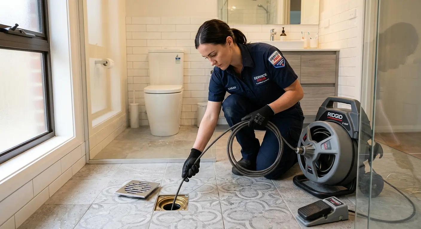 Technician clearing a bathroom floor drain for Drain Repair in Nolanville